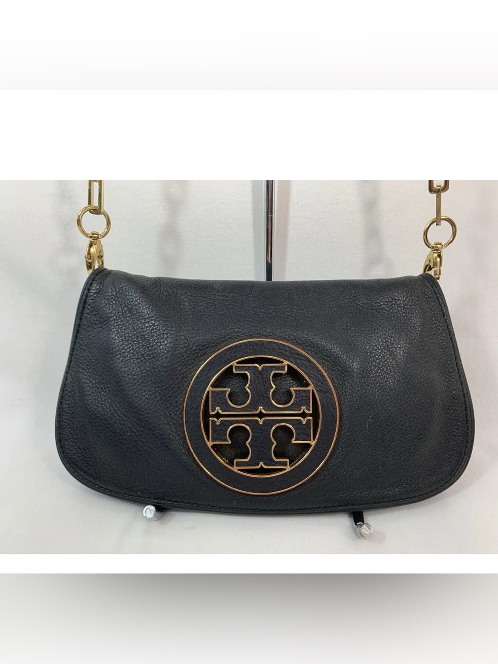 Tory Burch Amanda Clutch Crossbody Bag With Gold Chain Strap Black Leather